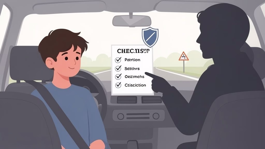 A young driver with an instructor in a car, reviewing a safety checklist for safe driving.