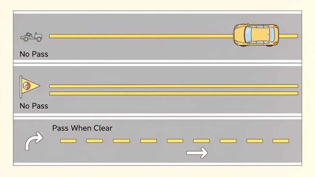 Illustrations explaining road passing rules: solid yellow lines mean no passing, dashed lines allow passing when clear.
