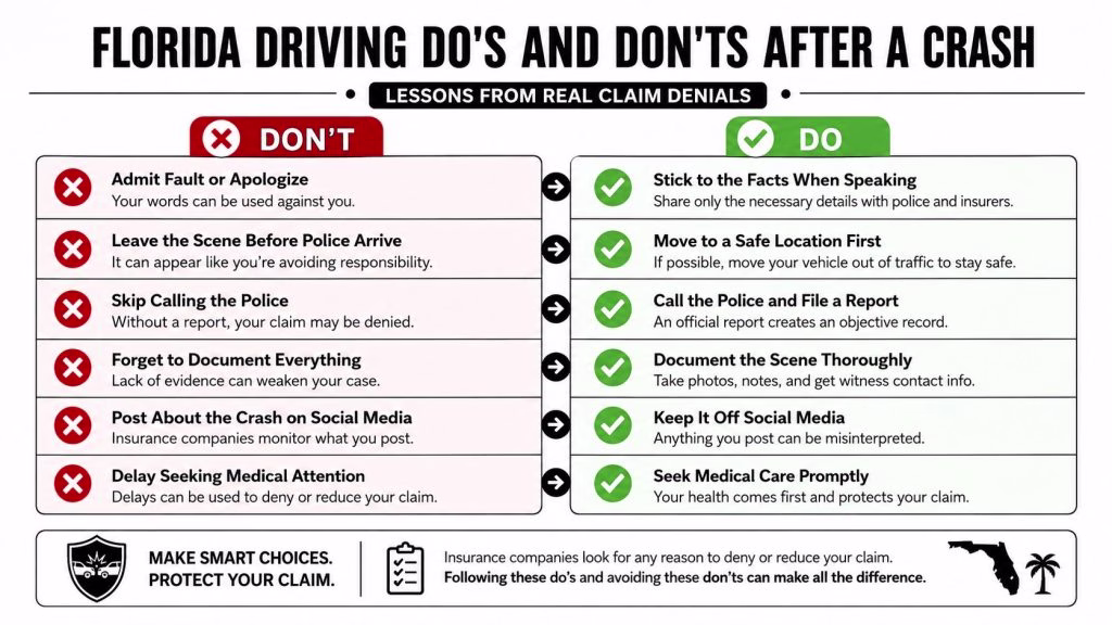 An infographic titled Florida Driving Dos and Donts after a crash, listing six key post-accident safety recommendations.