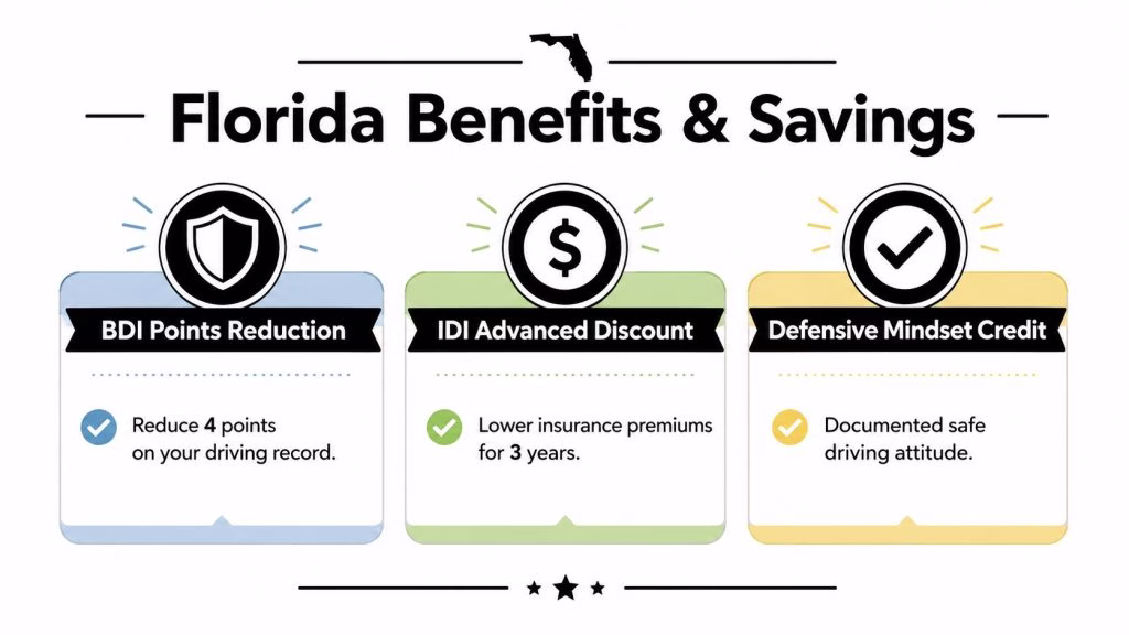 A graphic illustration detailing Florida traffic safety benefits including point reduction, insurance discounts, and safety credits.