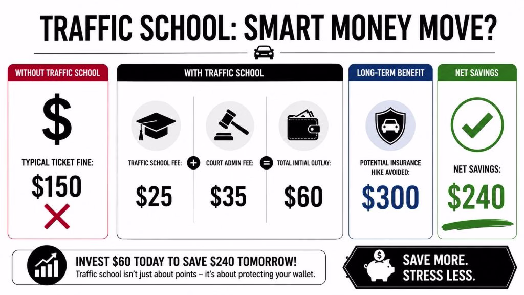 An infographic showing that taking traffic school can save money by avoiding increased insurance premiums.
