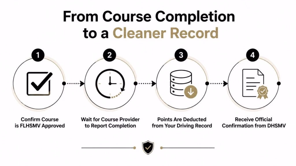 A flowchart showing four steps to reduce driving record points after completing a Florida traffic course.