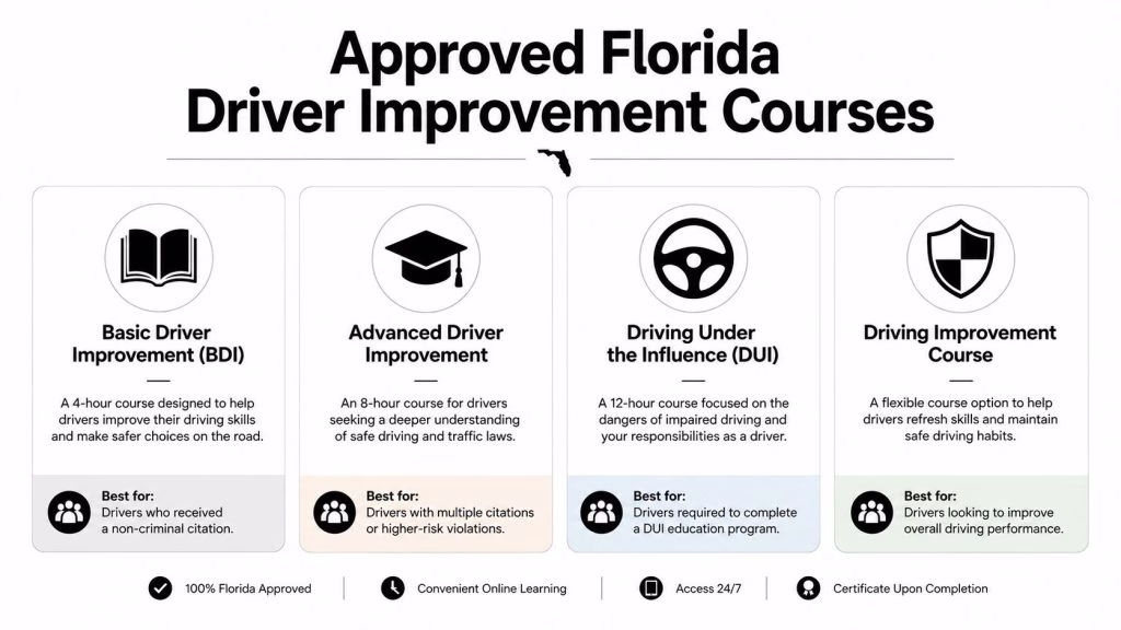 An infographic showing four different approved Florida driver improvement courses and their respective target audiences.