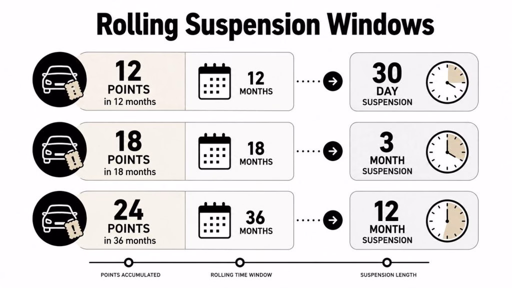 A diagram illustrating Florida's rolling suspension window rules based on driving points accumulated over specific timeframes.