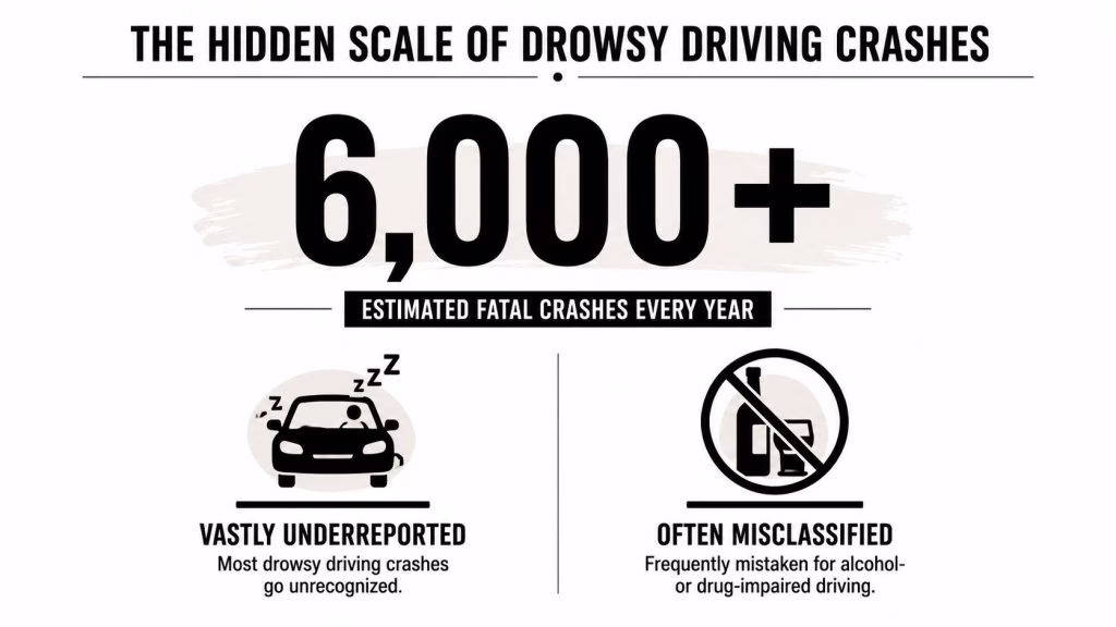 An infographic showing that drowsy driving causes over 6,000 fatal crashes each year, which are often underreported.
