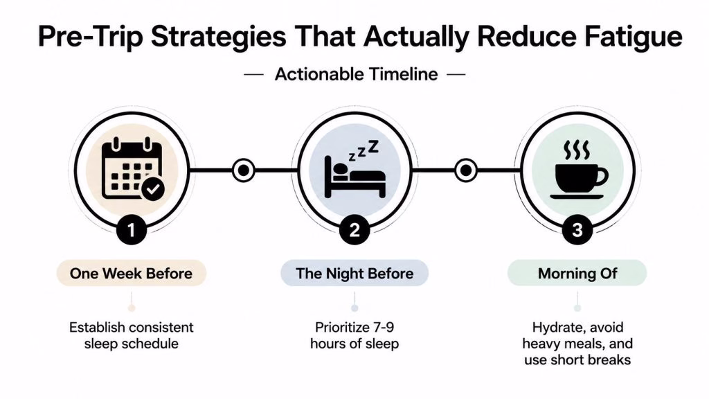 A timeline graphic illustrating three pre-trip strategies to reduce driver fatigue before starting a journey.