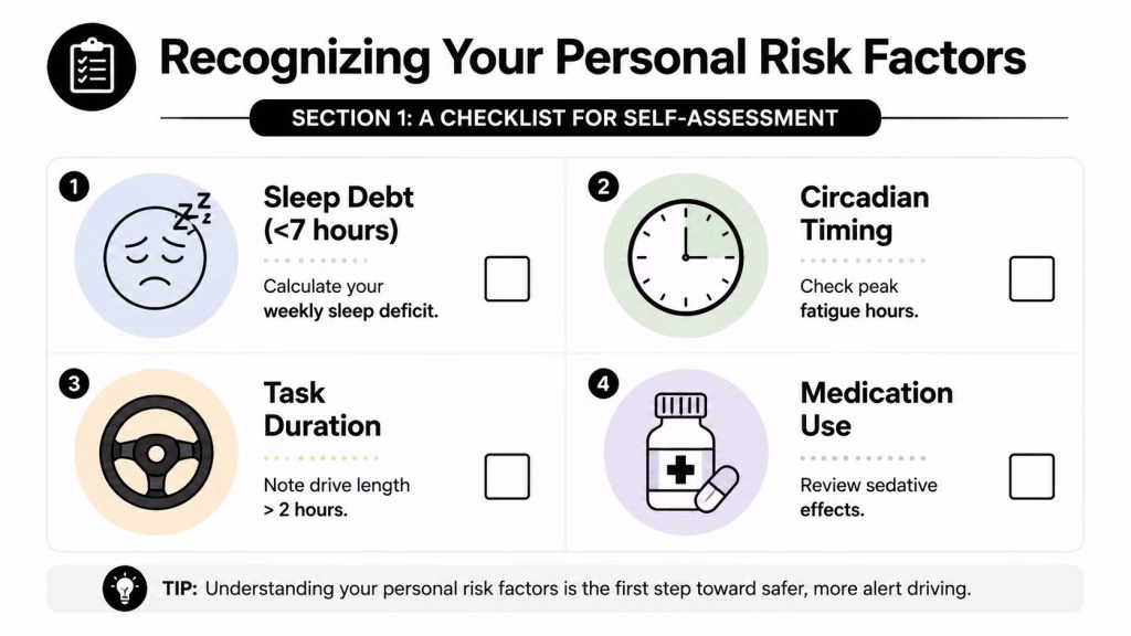 A checklist for recognizing personal risk factors for drowsy driving, including sleep debt, circadian timing, task duration, and medication.
