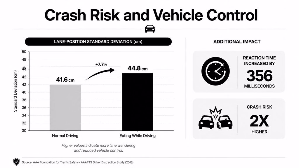 An infographic showing that eating while driving increases lane wandering, slows reaction time, and doubles crash risk.