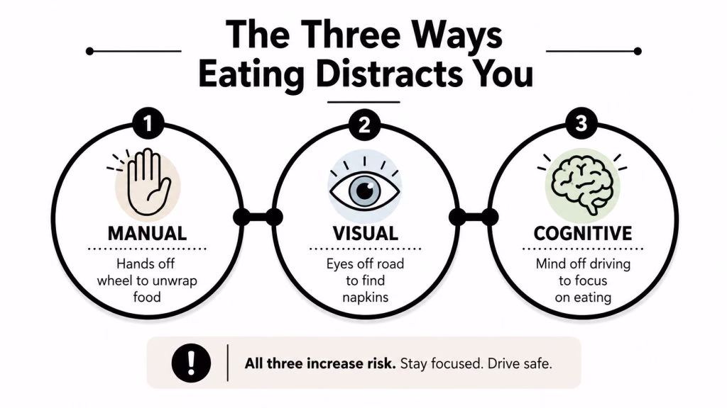 An infographic showing the three types of distractions caused by eating while driving: manual, visual, and cognitive.