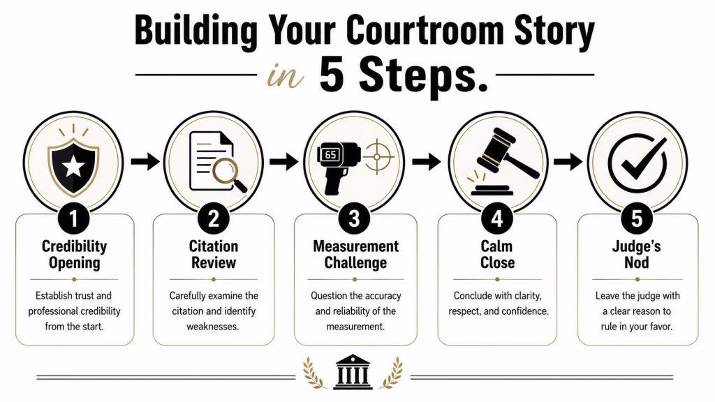An infographic titled Building Your Courtroom Story in 5 Steps showing the process to contest a ticket.
