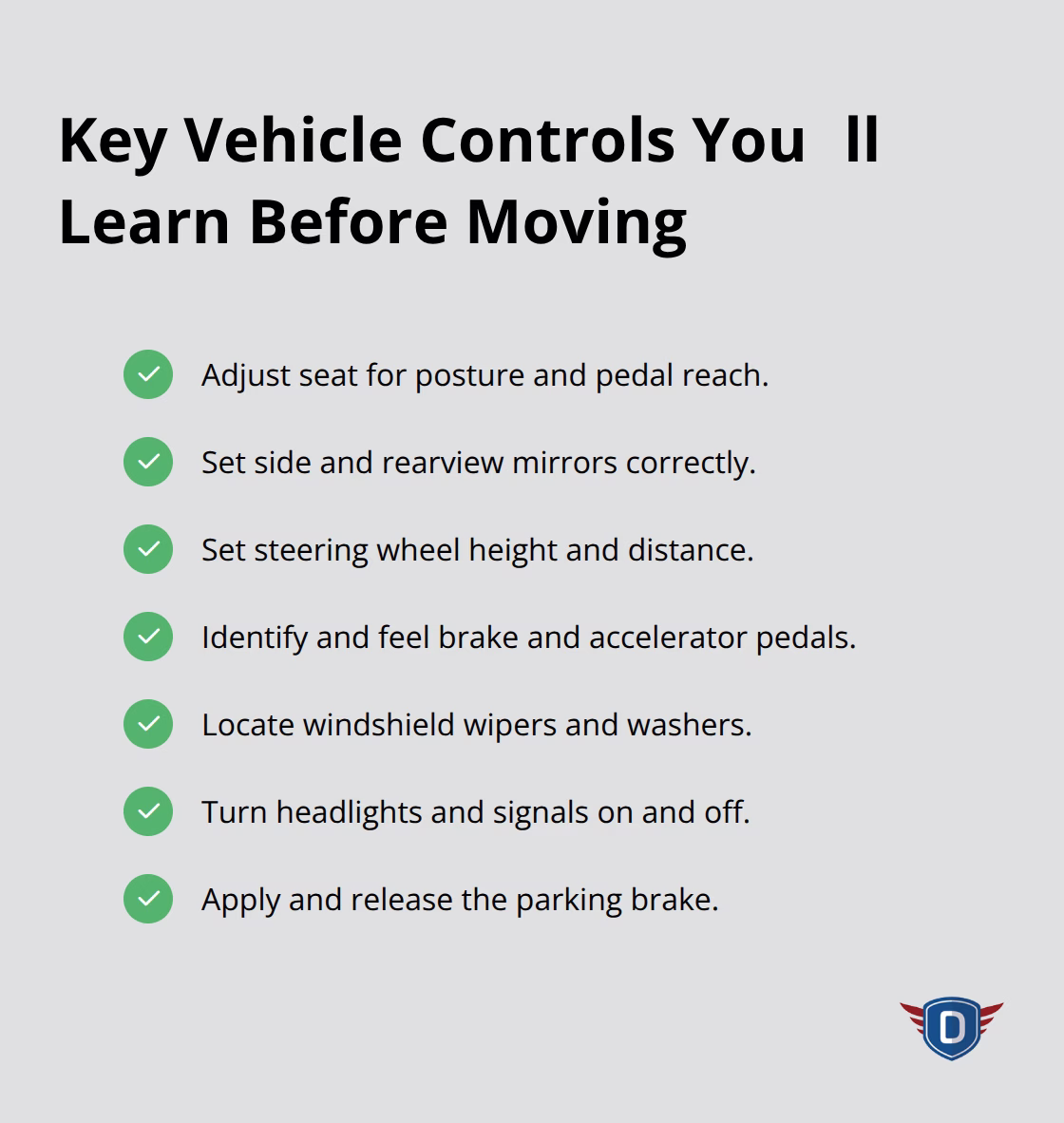 Checklist of vehicle controls practiced while stationary during the first lesson