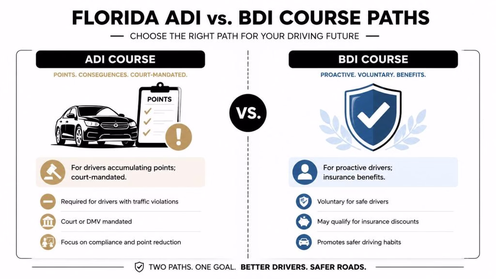 A comparison chart showing the differences between Florida ADI court-mandated courses and voluntary BDI driver courses.