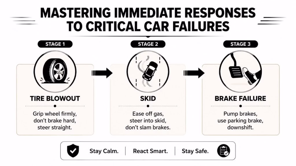 A safety infographic illustrating how to handle critical car failures like tire blowouts, skids, and brake failures