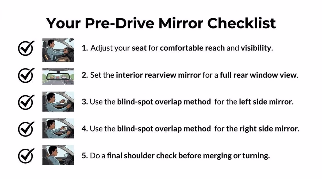 A five-step checklist illustrating the proper procedure for adjusting vehicle mirrors to ensure safe driving visibility.