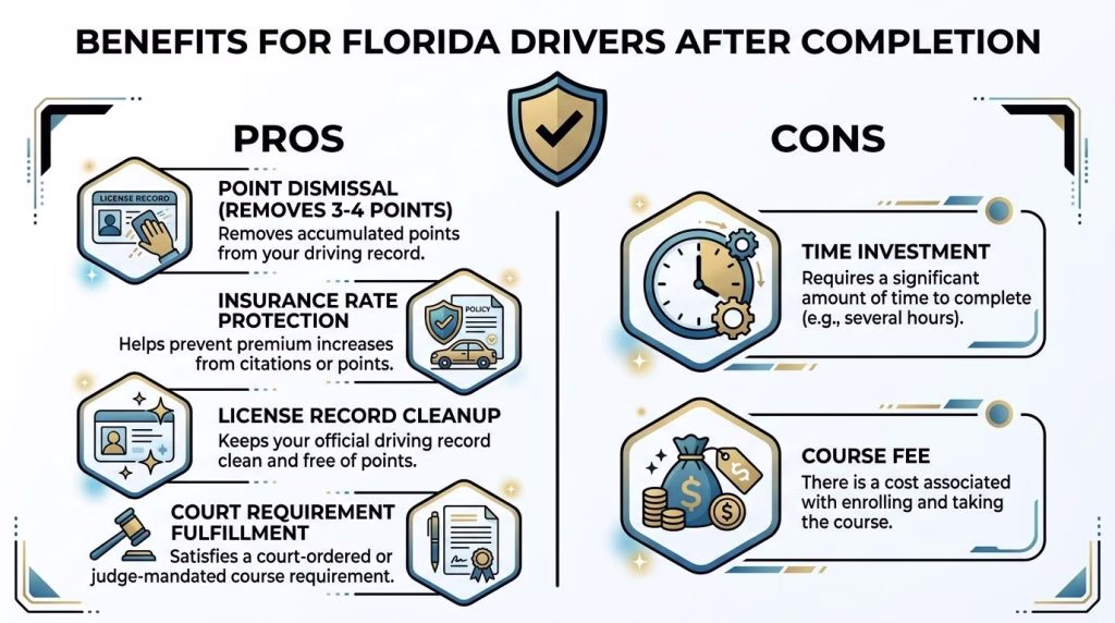 An infographic highlighting the pros and cons of completing a Florida driver improvement traffic school course.