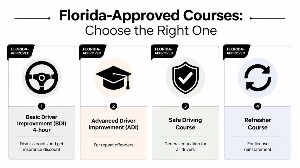 A list of four Florida-approved driving courses for point dismissal, repeat offenders, general education, and license reinstatement.