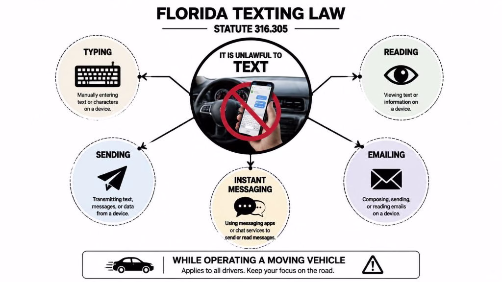 An infographic detailing Florida's texting and driving laws, highlighting prohibited activities while operating a moving vehicle.