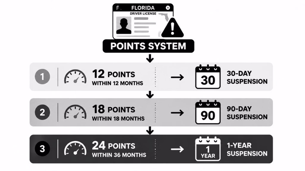 An infographic showing the Florida driver license points system resulting in 30-day, 90-day, or 1-year license suspensions.