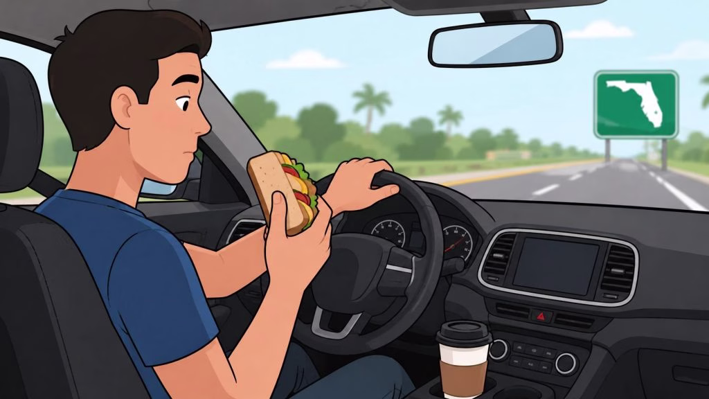 A man driving a car on a highway while observing a broken down vehicle ahead.