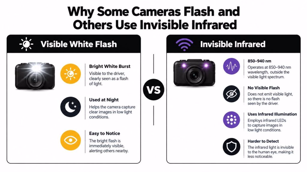 An infographic comparing visible white flash cameras and invisible infrared cameras for night traffic monitoring