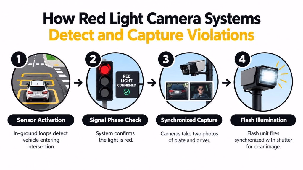 A four-step infographic explaining how red light camera systems detect vehicle traffic violations and capture photographic evidence.