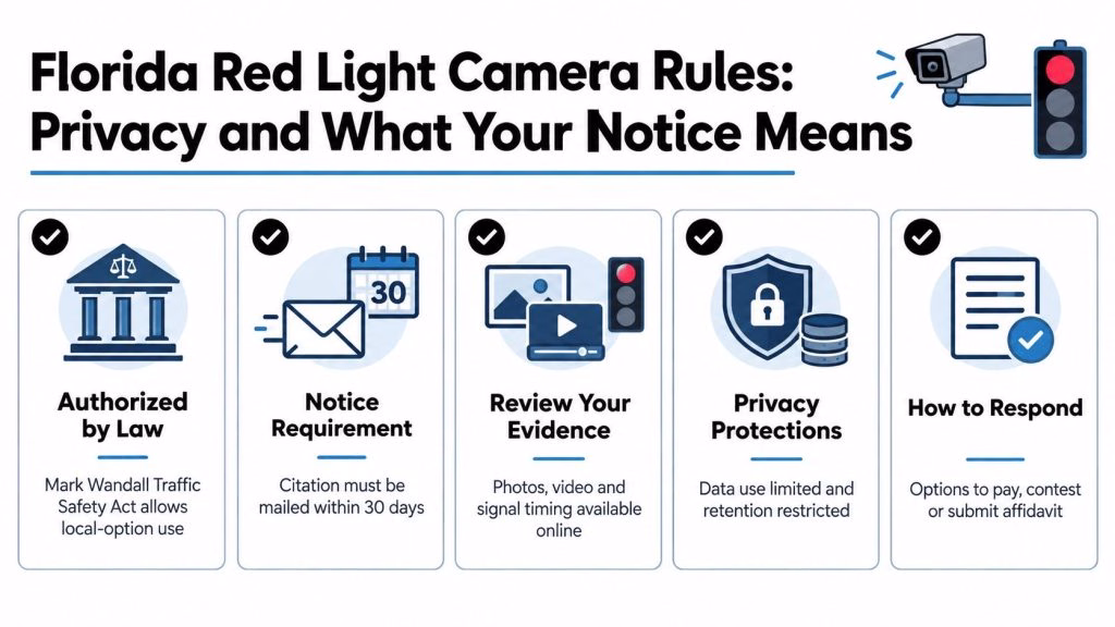 An infographic explaining Florida red light camera laws, notices, privacy protections, and response options for drivers.