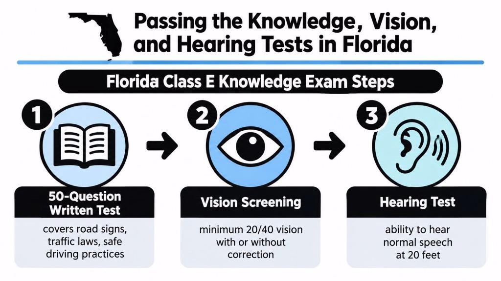 A graphic outlining the three steps for passing the Florida Class E Knowledge Exam, vision, and hearing tests.
