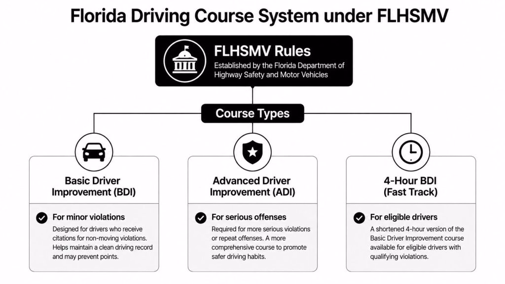 A flowchart explaining the different types of driver improvement courses mandated by the Florida FLHSMV.