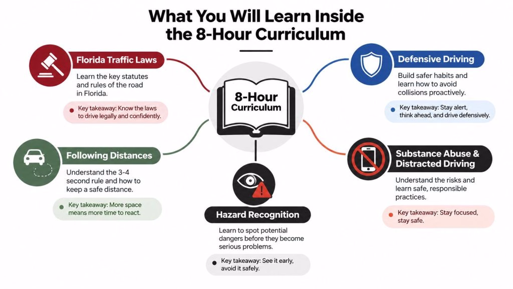 A diagram outlining the key topics covered in a Florida 8-hour driver improvement curriculum, including defensive driving.