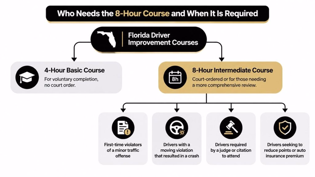 A flowchart explaining who needs to take the 8-hour Florida driver improvement course and why.