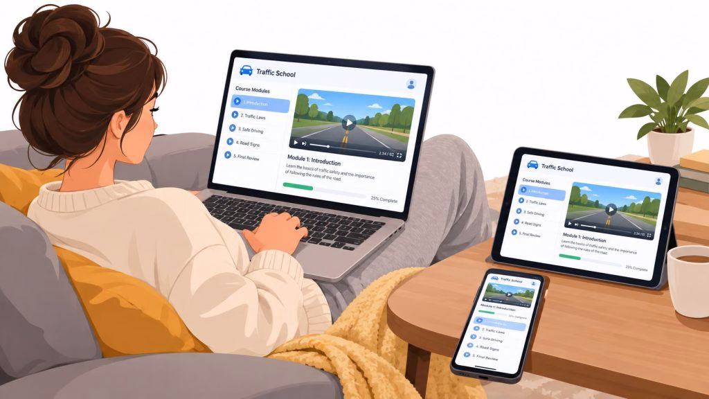 A woman studying for an online traffic school course on her laptop, tablet, and smartphone at home.