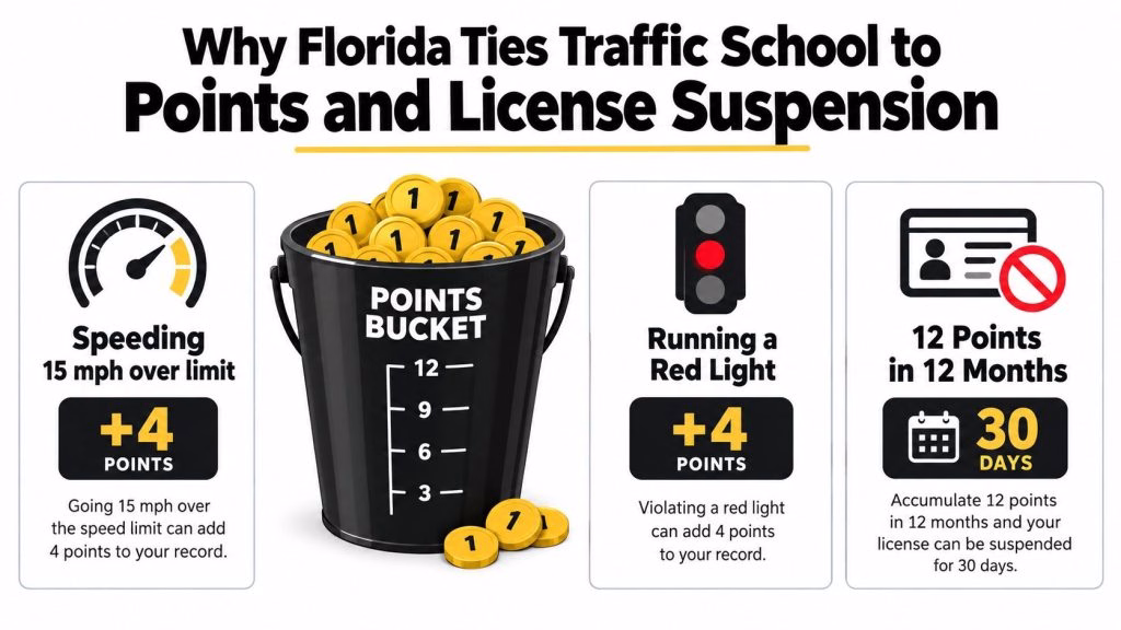 An infographic explaining how Florida traffic points and license suspensions work, featuring examples of point penalties.