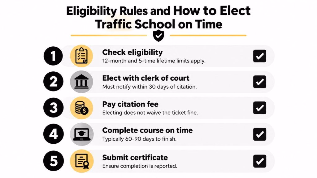 An infographic showing the five-step process to elect and complete traffic school for a citation.
