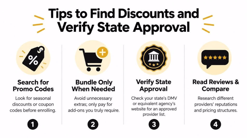 A four-step infographic providing tips for finding discounts and verifying state approval for online courses.