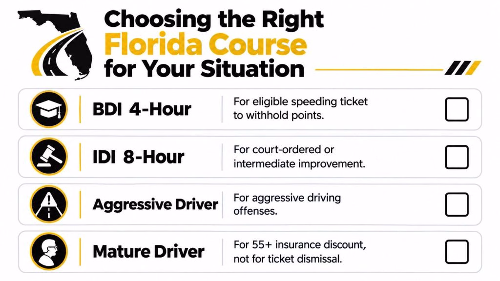 A chart showing four different Florida driving course options including BDI, IDI, aggressive driver, and mature driver.