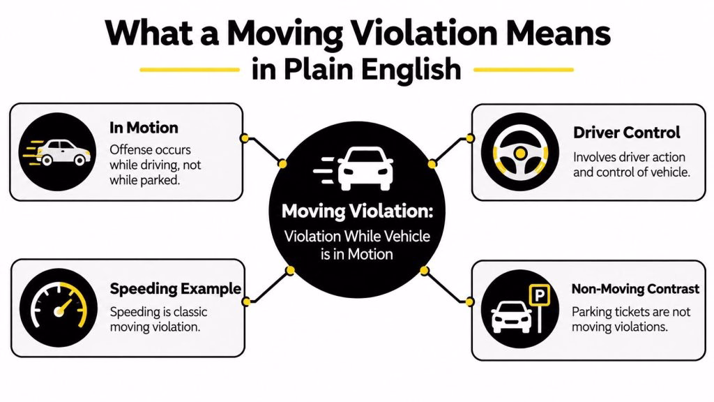 An infographic explaining that a moving violation occurs when a vehicle is in motion while driving.