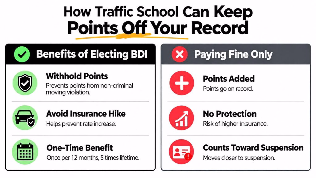 A comparison chart showing how traffic school helps prevent points on your driving record versus just paying fines.