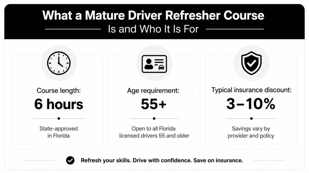 An infographic detailing a mature driver refresher course with requirements, course duration, and insurance savings information.