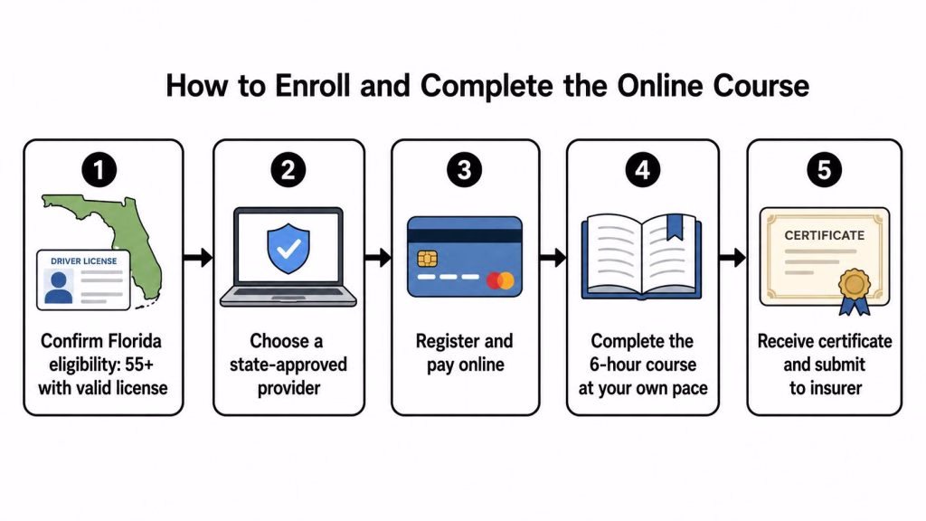 A five-step infographic showing how to enroll in and complete a mature driver refresher course online.