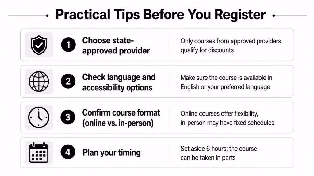 An infographic titled Practical Tips Before You Register listing four key steps for taking a driving course.