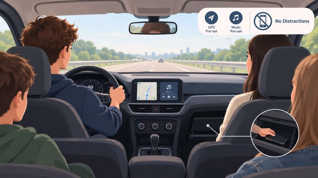 A teenager driver and passengers in a car demonstrating safe driving practices by storing mobile phones away.