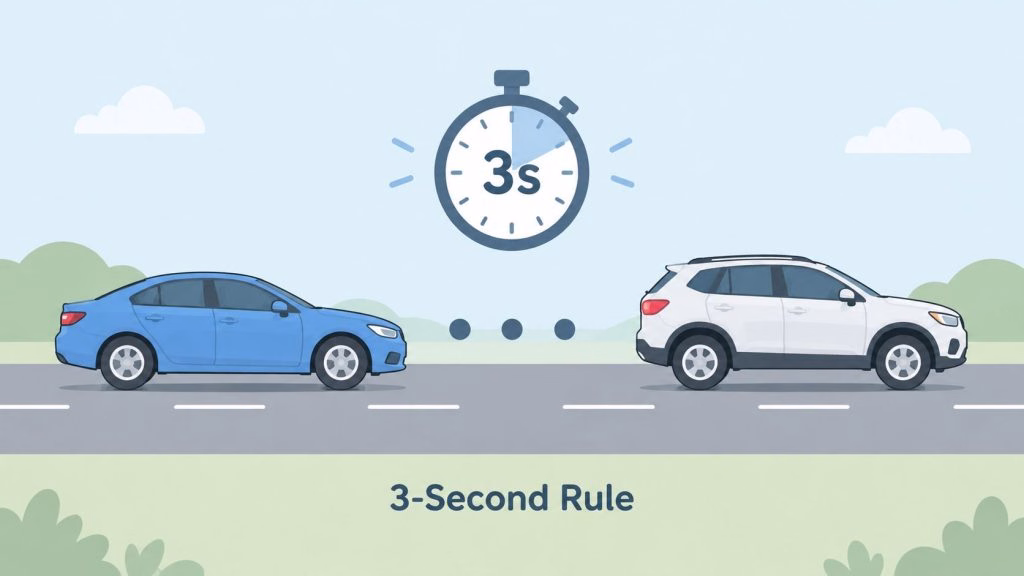 An illustrative graphic demonstrating the 3-second rule for maintaining a safe distance between two cars on the road.