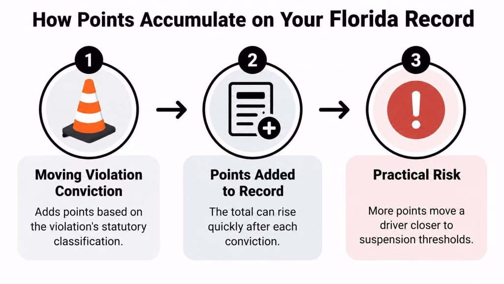 A three-step infographic showing how moving violations lead to points on a Florida driver's license record.