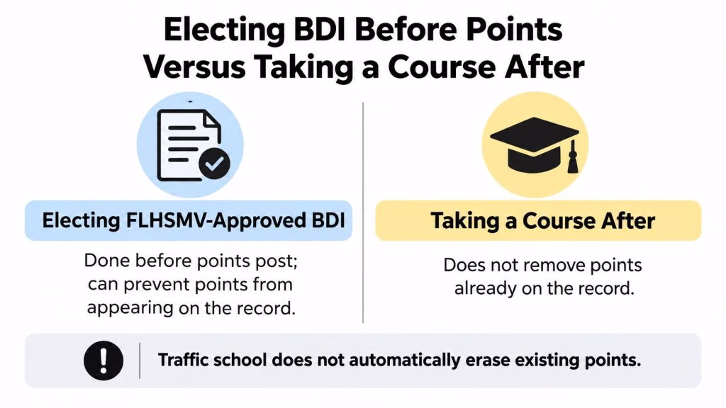 A comparison chart explaining the difference between electing BDI before or after points appear on a driving record.