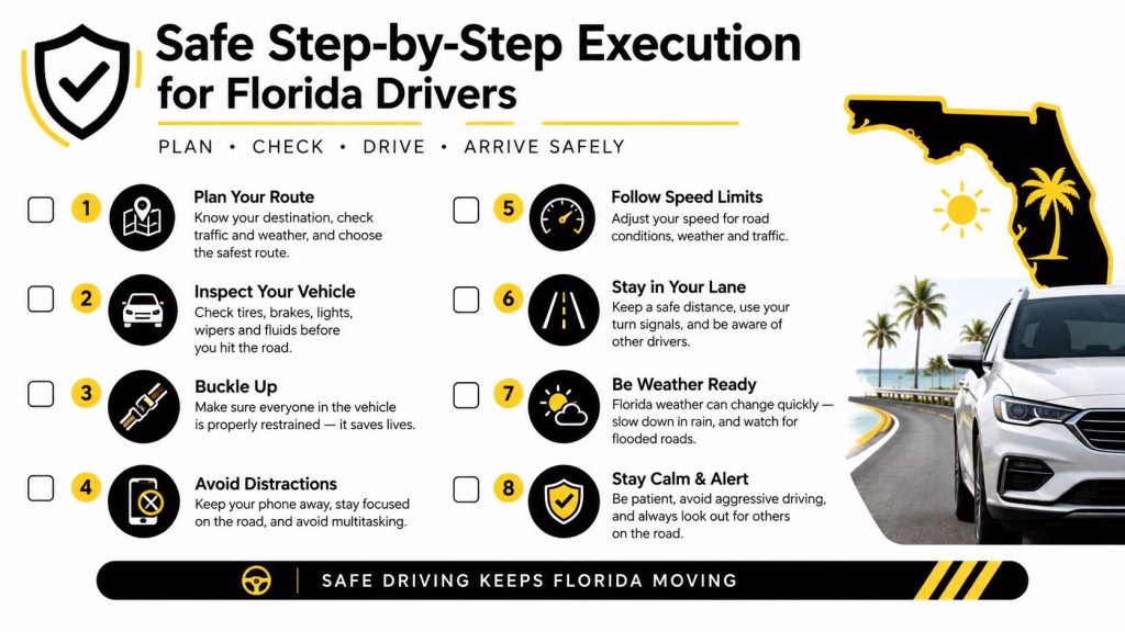 An infographic titled Safe Step-by-Step Execution for Florida Drivers offering eight essential safety tips for road travel.