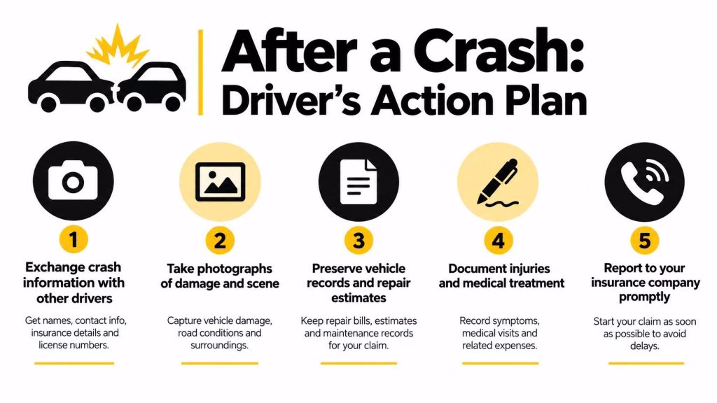 An infographic outlining five essential steps for drivers to take immediately following a vehicle accident.
