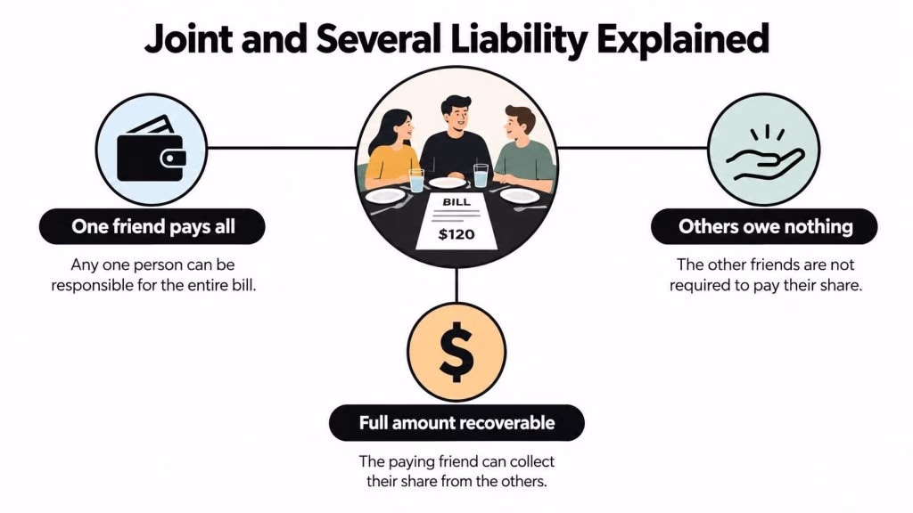 An infographic titled Joint and Several Liability Explained using a restaurant bill analogy to show shared responsibility.