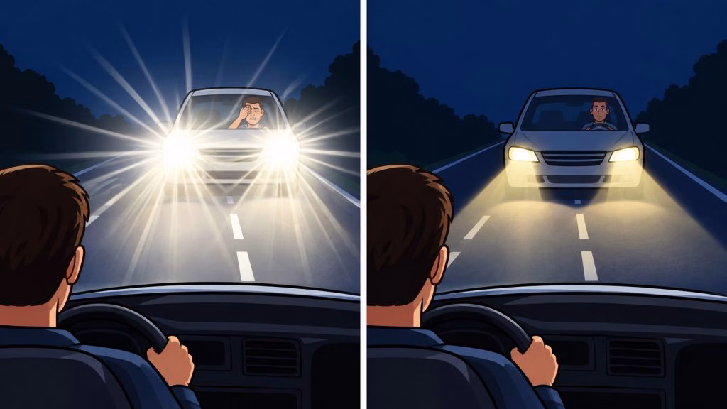 A split image showing a car driver blinded by high beam headlights versus using proper low beams.