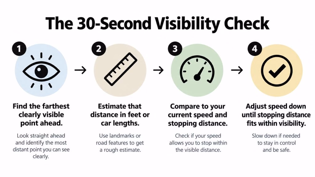A four-step infographic illustrating the 30-second visibility check process for safe vehicle speed adjustment.