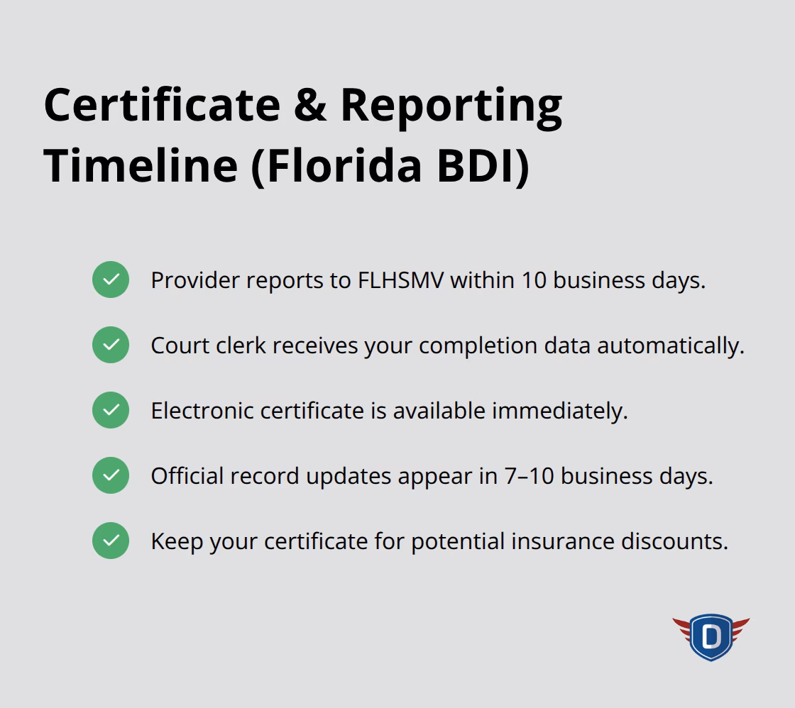 What happens after you complete the BDI course and when records update. - 4-hour Basic Driver Improvement course